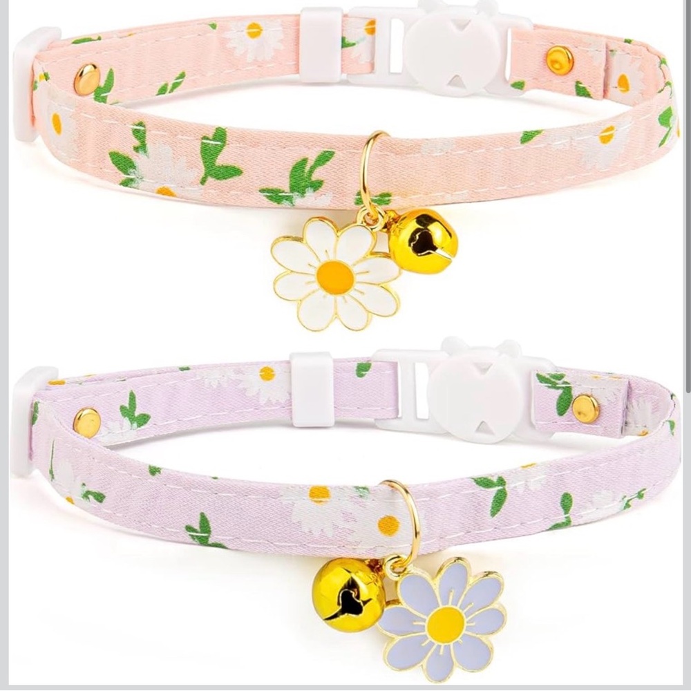 2~Cotton Breakaway Cat Collar with Bell Pink&Purple Flowers Pendant Cute kitten